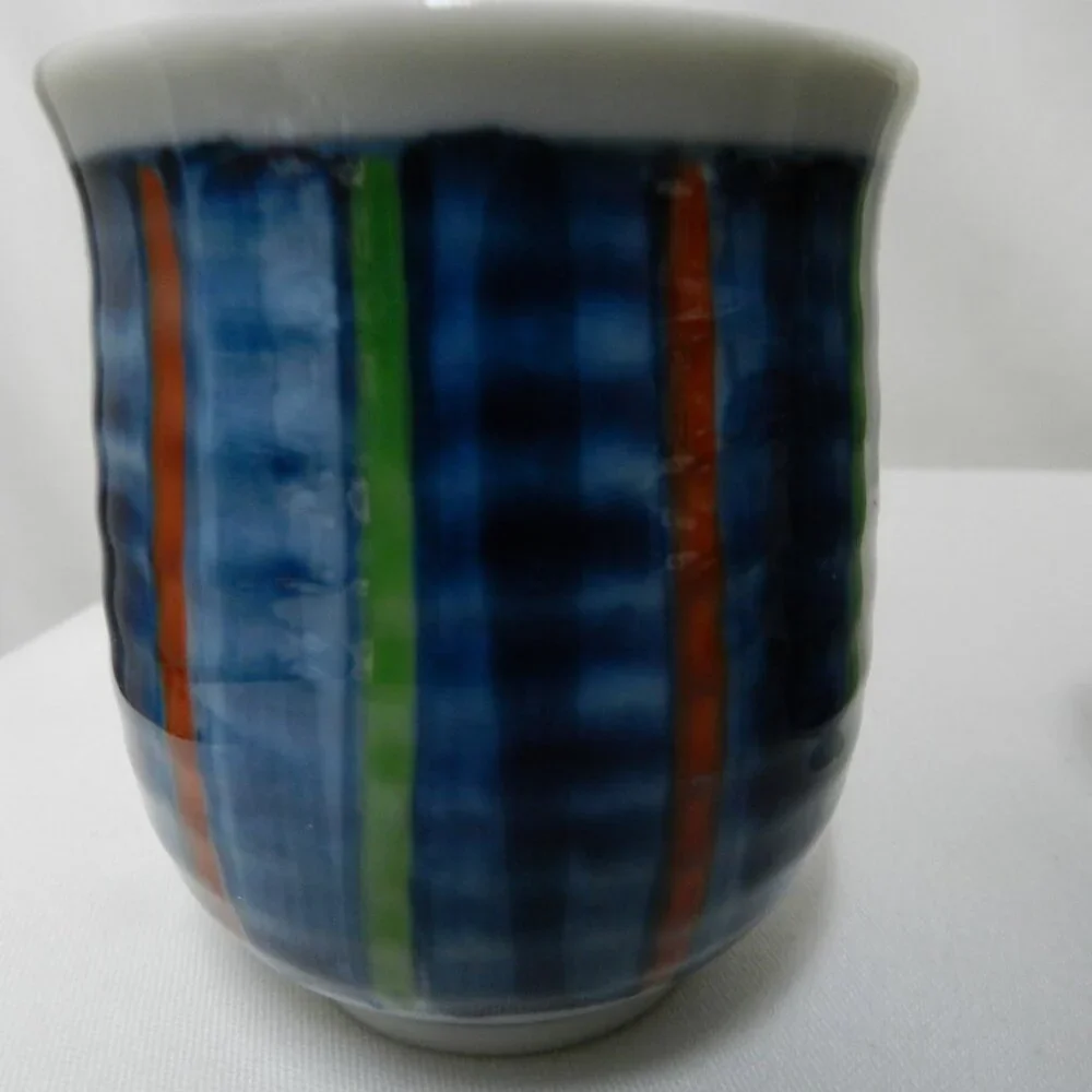 Japanese Kyusu Teapot w/ 2 Cups ceramic Japan striped blue green red white NEW